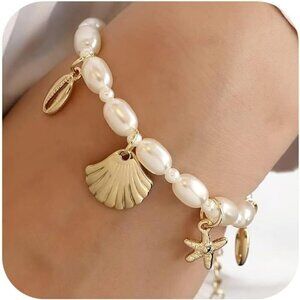 Pearl Shell Anklet Bracelet for Women with Gold Starfish Charm Beach Jewelry